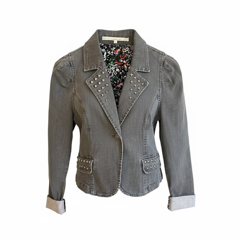 Rachel Rachel Roy Gray Studded Denim Moto Jacket Paint Splatter Lining Size 6
